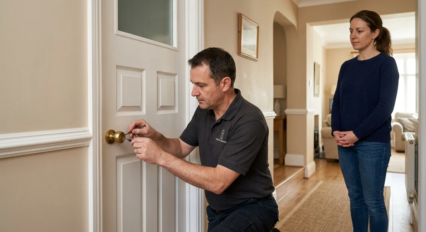 Closed bathroom door with a privacy knob that has no emergency hole