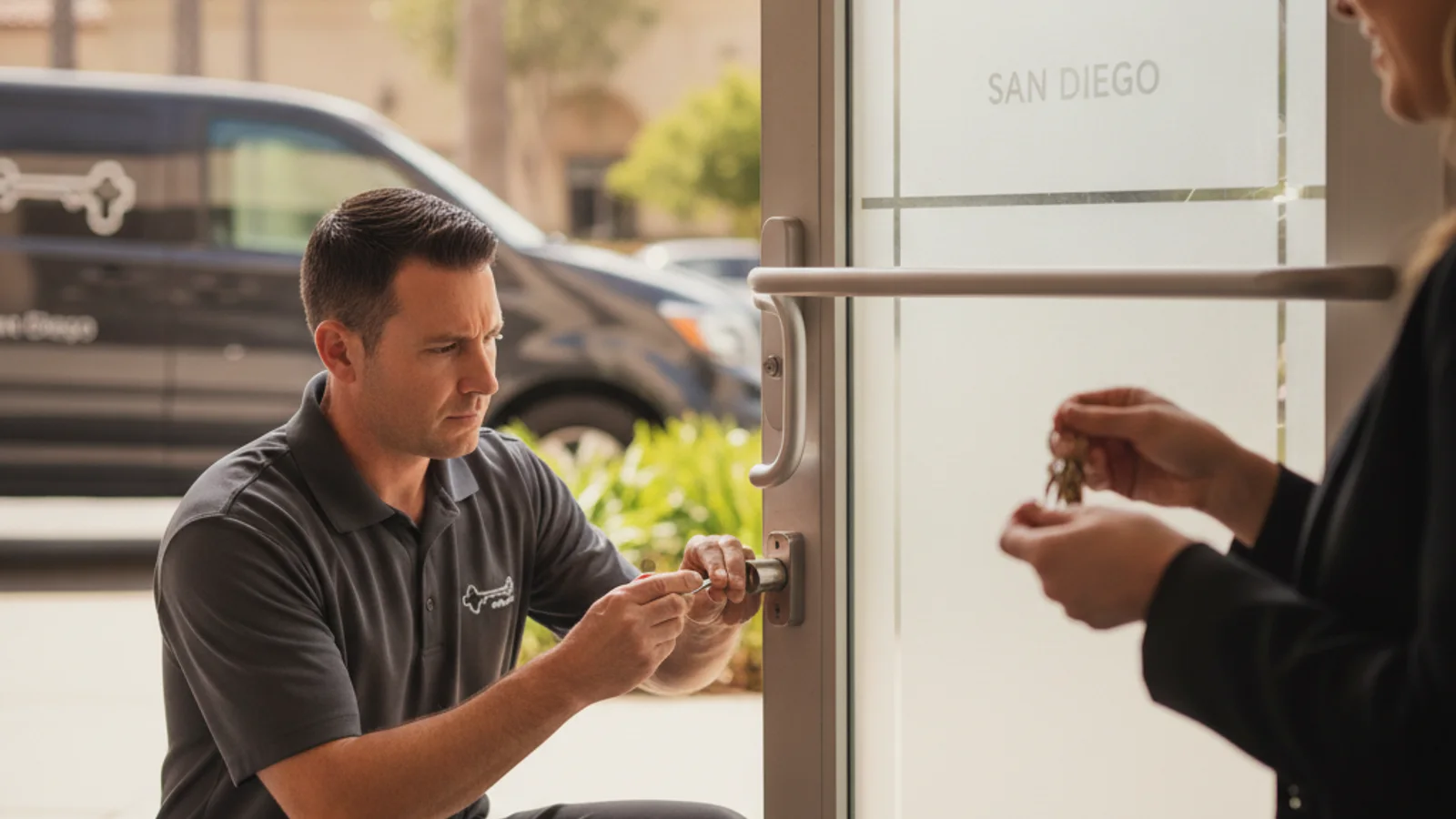 A commercial door with a heavy-duty deadbolt in a San Diego office building, warm afternoon light coming through a glass panel beside the door