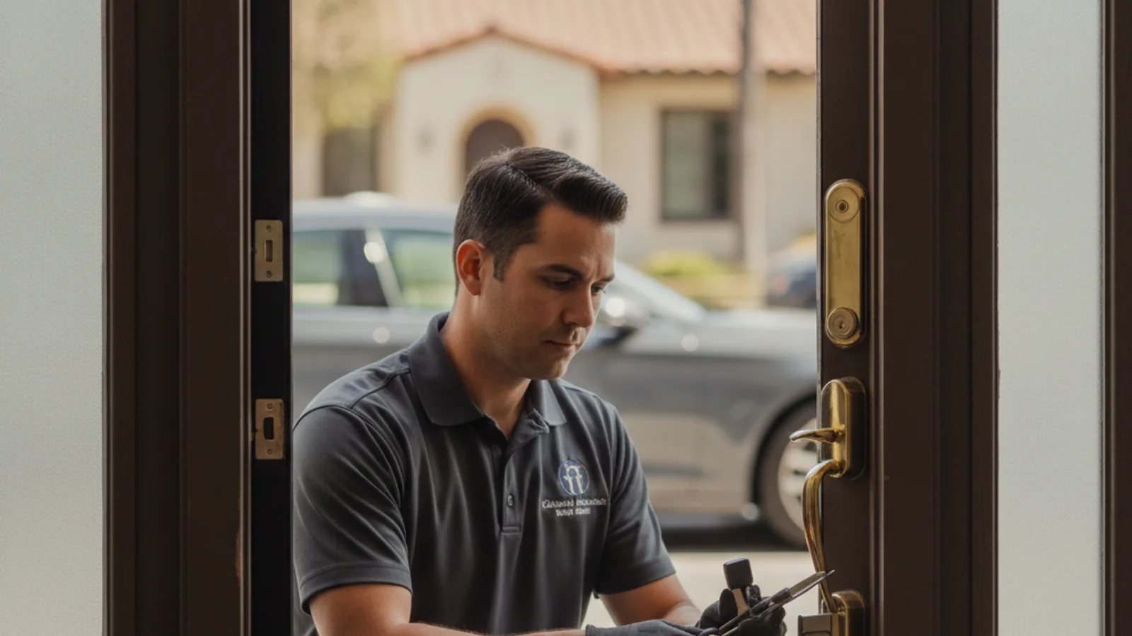 A tenant waiting outside an apartment door in San Diego while reviewing a lease document on their phone