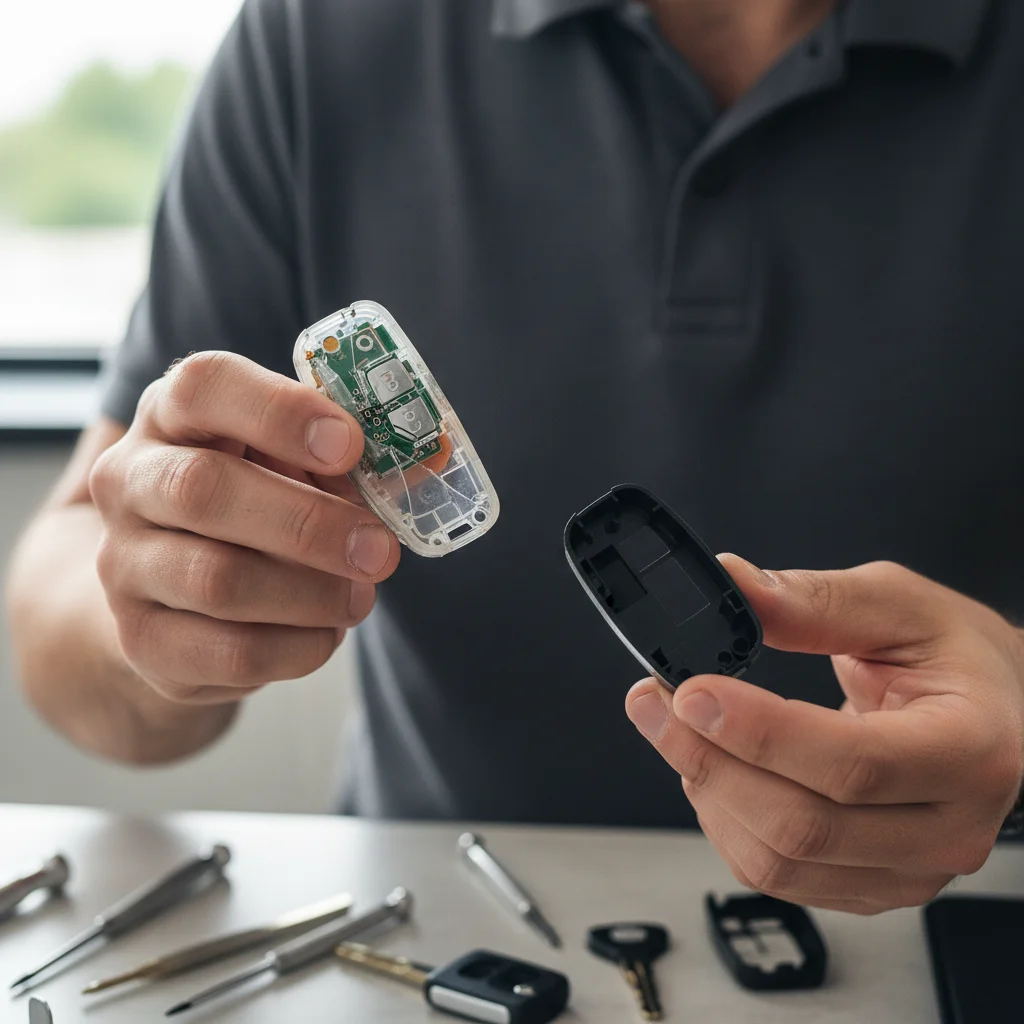A broken car key fob casing next to a new replacement shell.