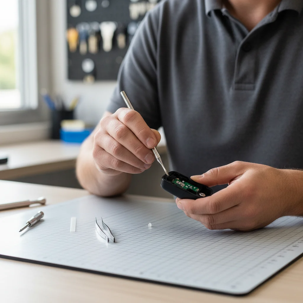 Locksmith disassembling a car key fob with professional tools.