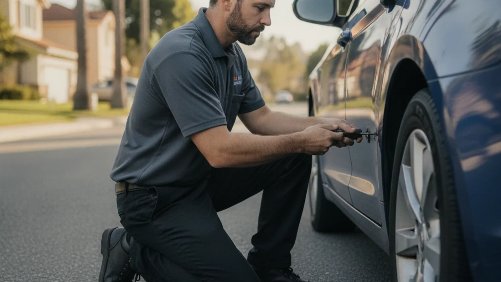 Mobile locksmith unlocking a car door in a San Diego parking lot