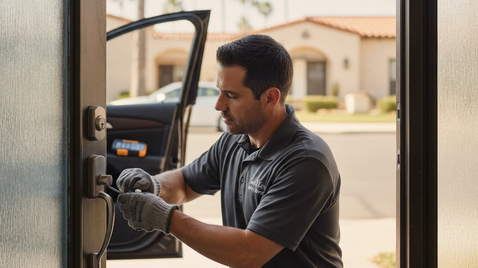 A locksmith rekeying a front door deadbolt on a San Diego home after a homeowner's relationship ended