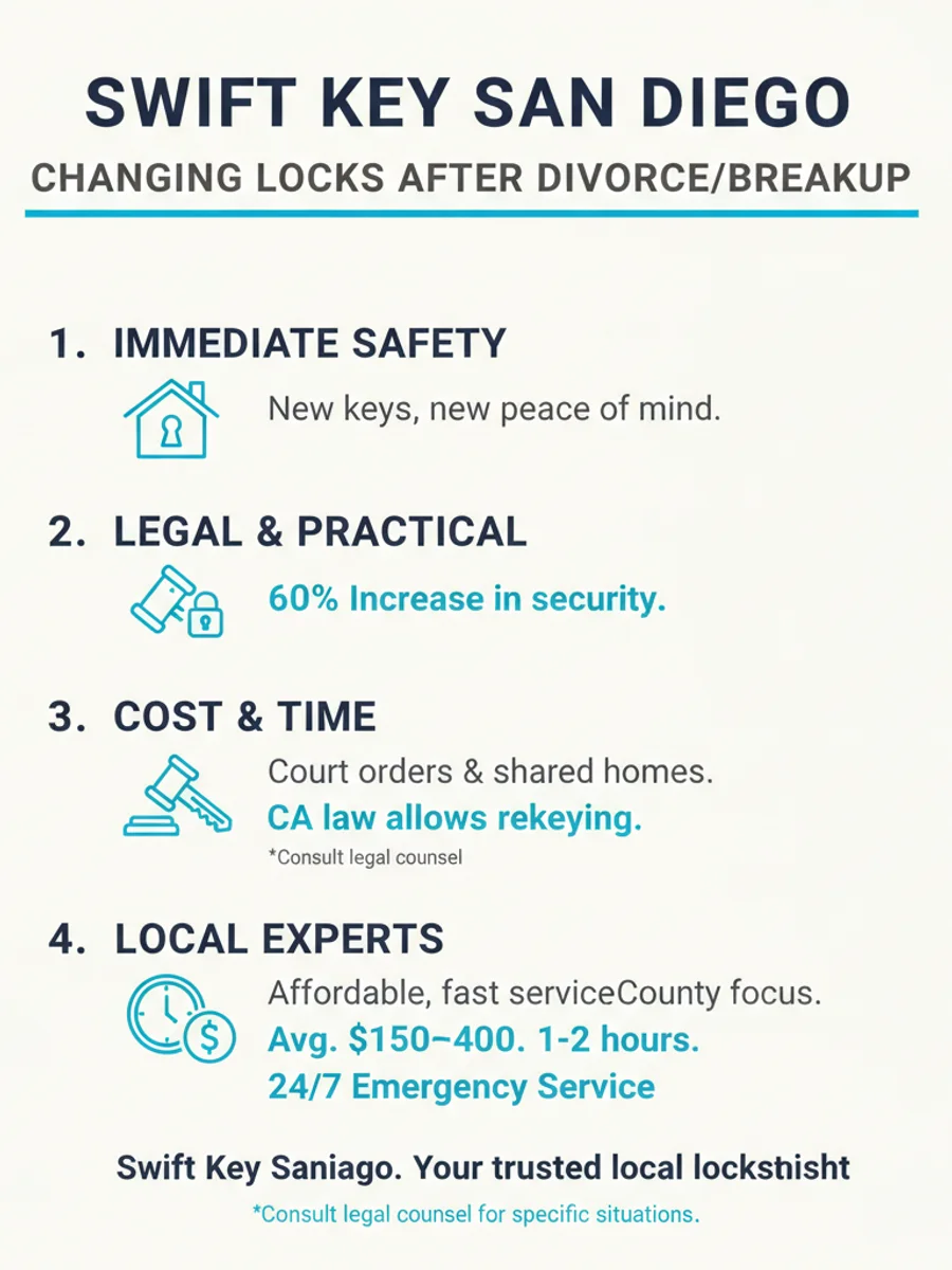 Infographic comparing rekey cost, replacement cost, and other access points to change after a breakup or divorce in San Diego