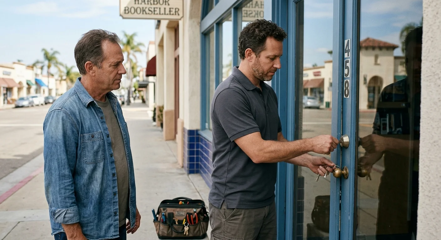 Chula Vista shop owner testing a storefront key while the closed door stays shut
