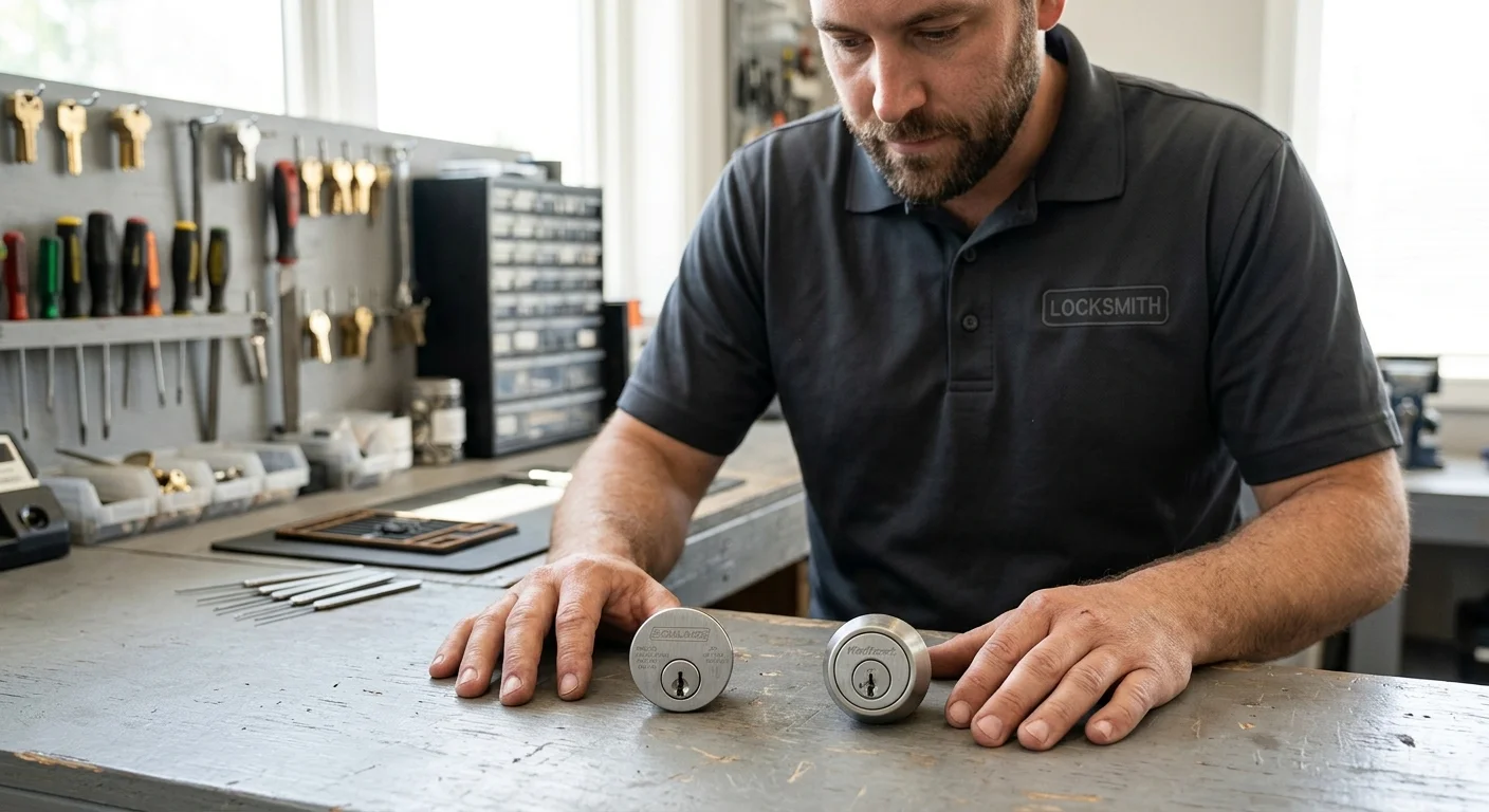 Schlage and Kwikset deadbolt cylinders on a neutral work surface