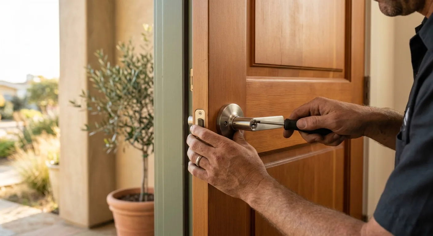 A locksmith's hands installing a brushed-nickel lever handle on a residential front door in San Diego.