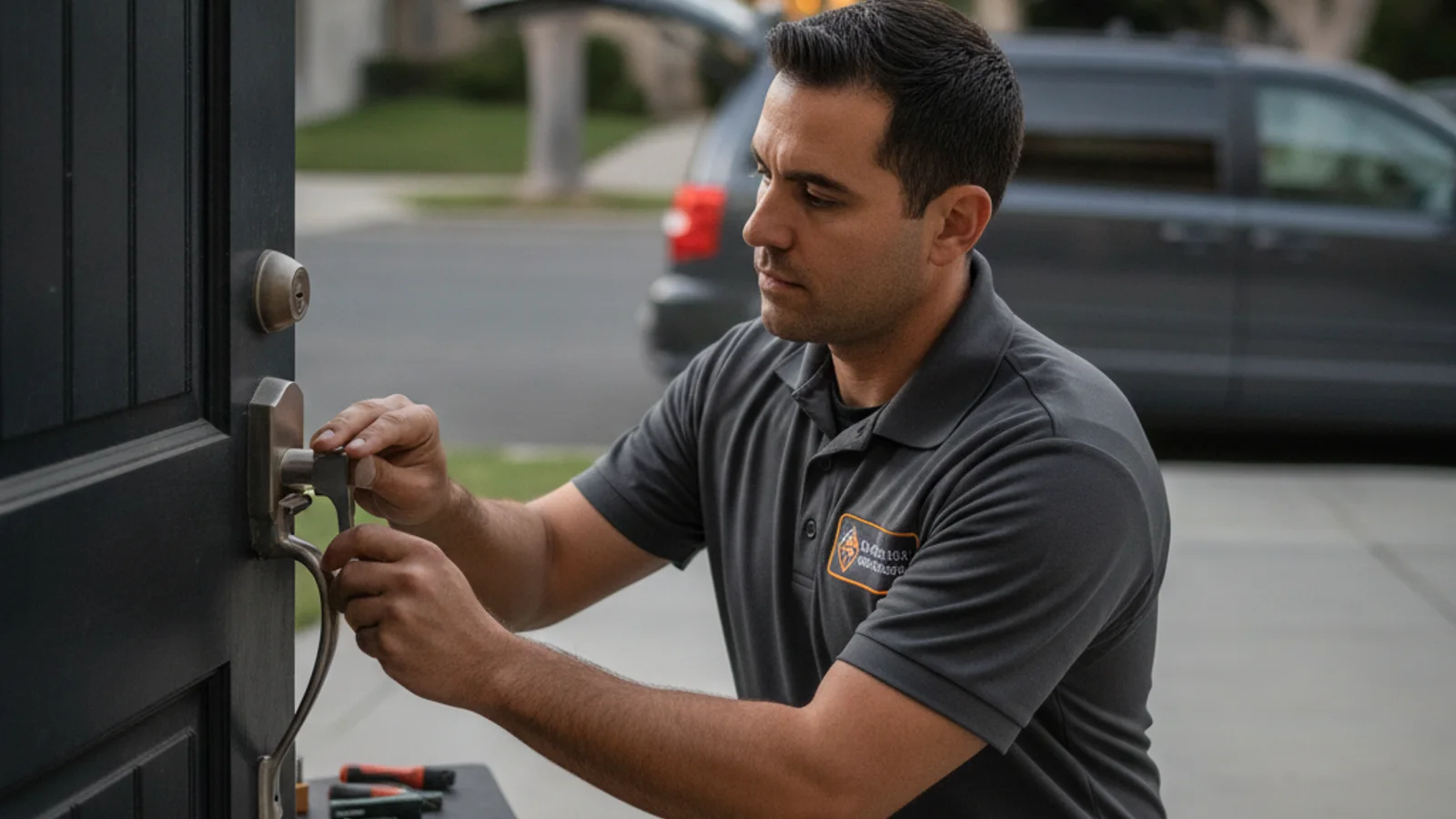 A locksmith working at a residential front door in San Diego late at night, illuminated by a porch light