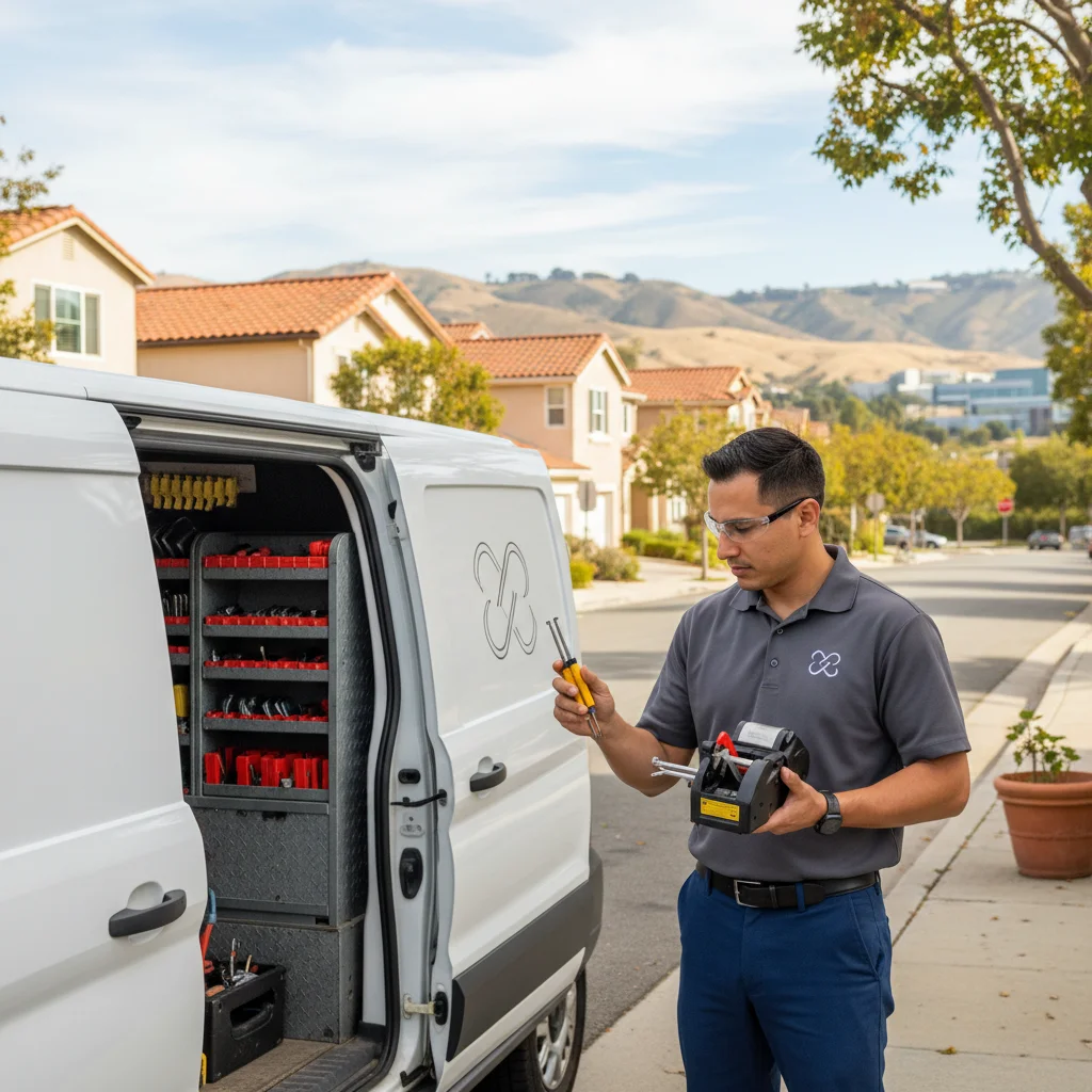 A Swift Key San Diego locksmith van parked on a residential street in San Marcos, with distant hills.