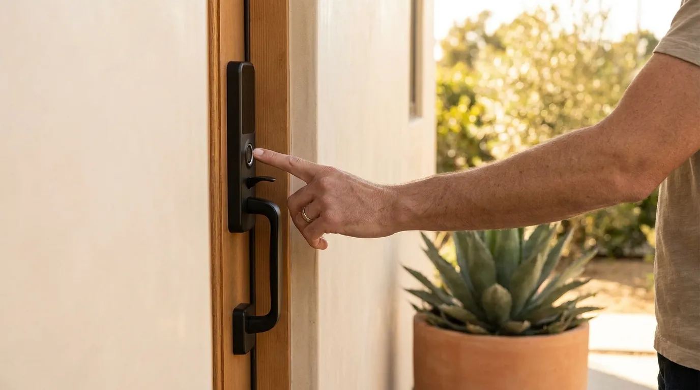 A person unlocking a modern front door with a fingerprint reader on the deadbolt at a San Diego home.