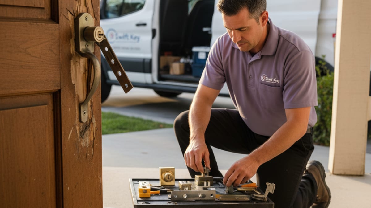 Damaged residential door frame after a forced entry in San Diego, with a locksmith preparing to install new hardware