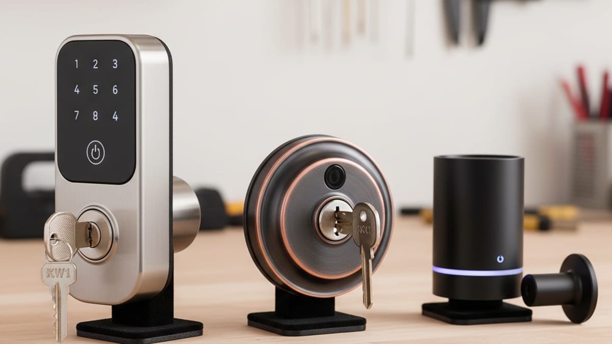 Three smart locks (Schlage Encode, Yale Assure, Level Bolt) displayed on a workbench for comparison
