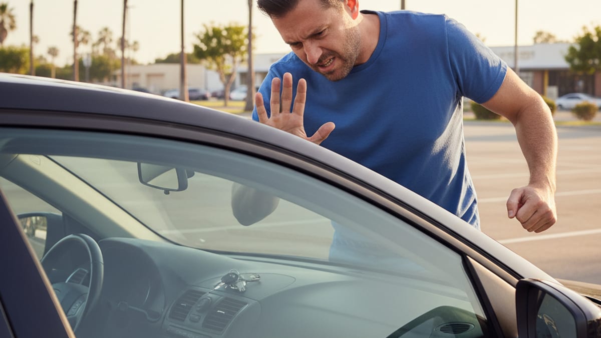 Driver standing beside their car in a San Diego parking lot after locking keys inside