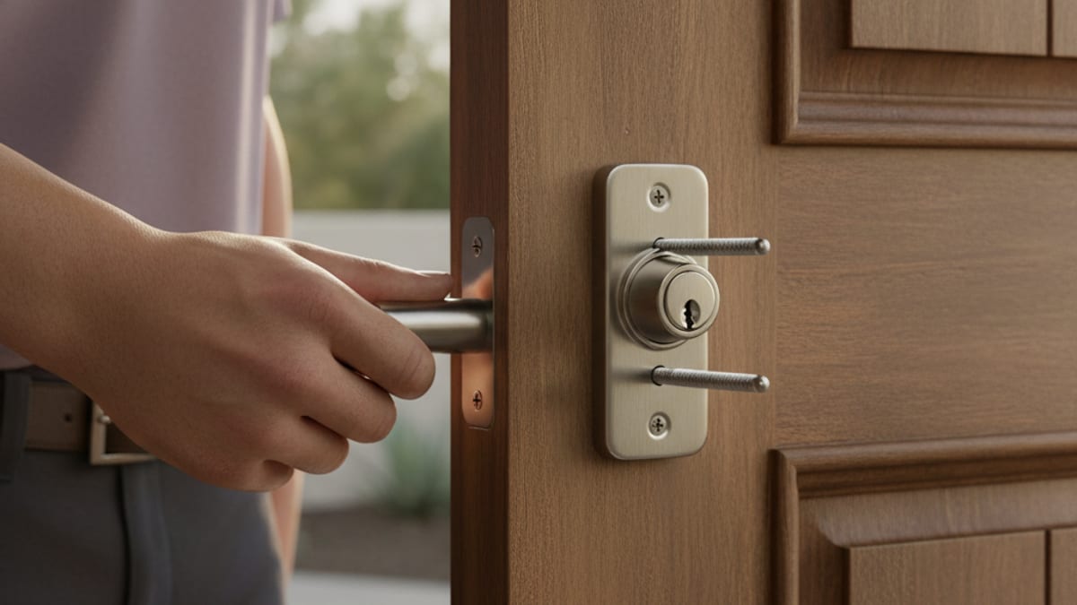 Grade-1 Schlage B60 deadbolt installed on a wood residential front door with a 3-inch screw strike plate