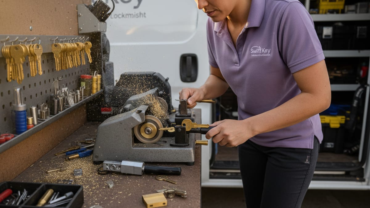 Mobile locksmith cutting a brass house key on a precision duplicator machine at a service van workbench