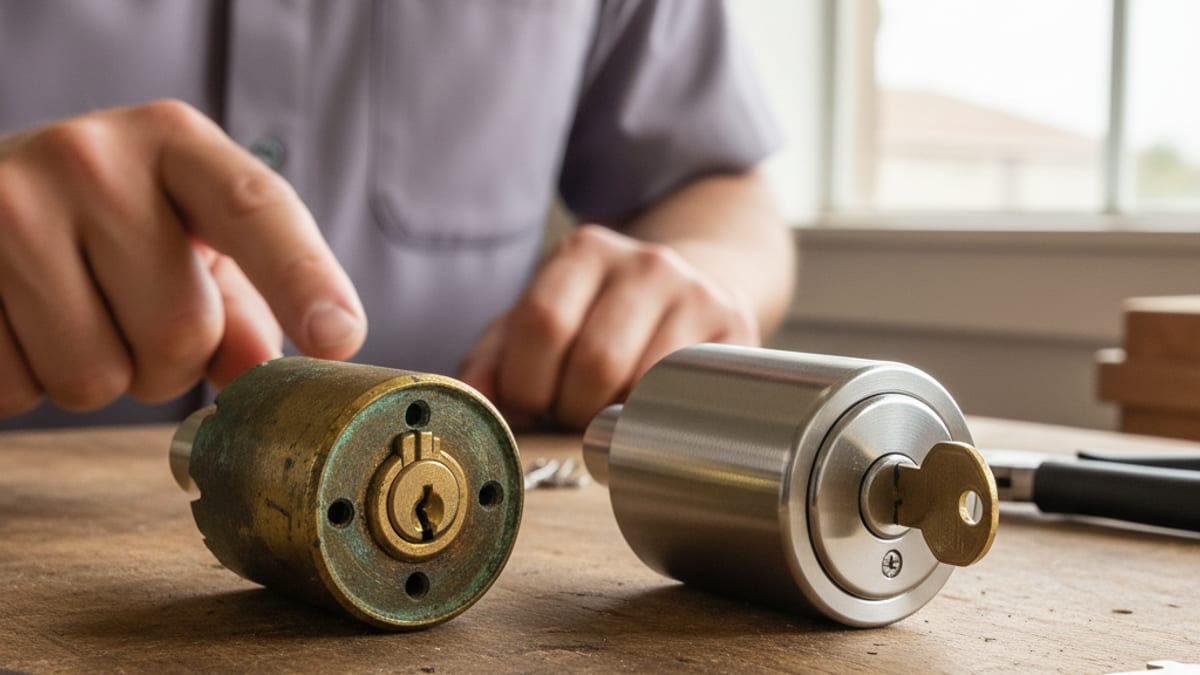 Close-up of a worn brass residential deadbolt next to a new Grade-1 replacement on a San Diego front door