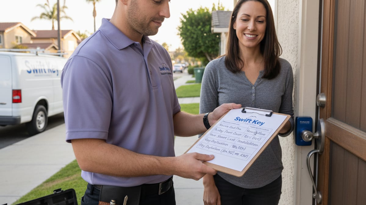 Mobile locksmith showing a homeowner an itemized quote on a clipboard at their San Diego front door