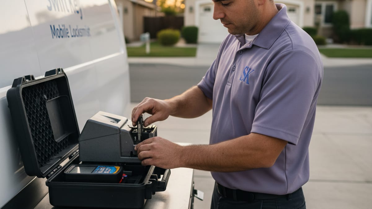Locksmith cutting and programming a replacement car key at a mobile workbench in a San Diego parking lot