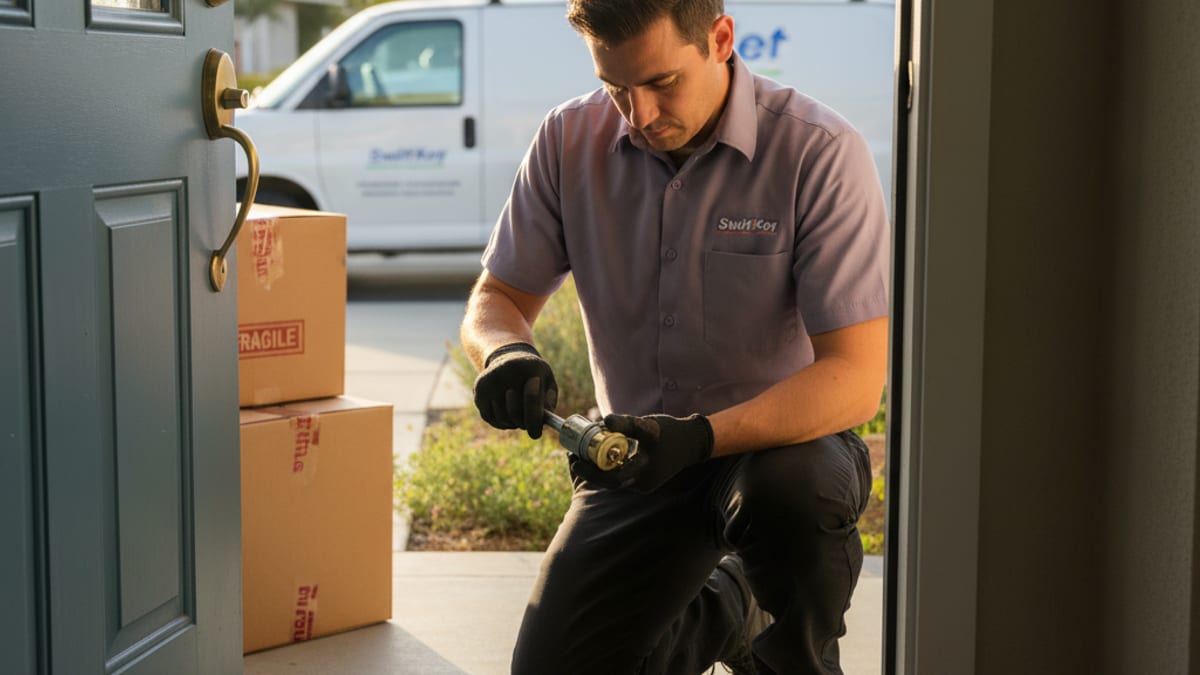 Locksmith rekeying a front door deadbolt on a newly purchased San Diego home