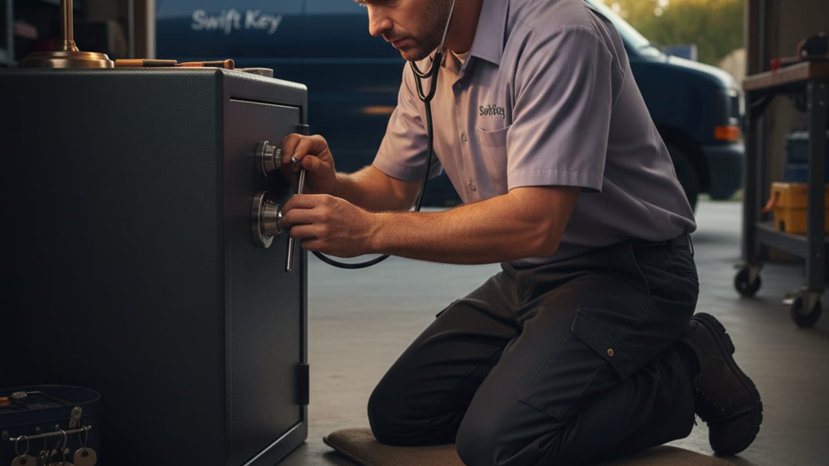 Locksmith manipulating a dial-combination residential safe with a stethoscope to listen for tumbler contact points