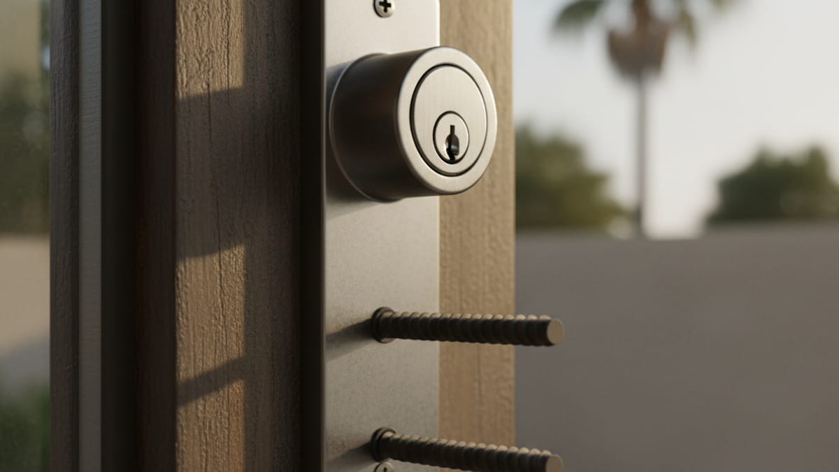 Residential front door with deadbolt and reinforced strike plate — the two hardware details burglary data points to as most impactful