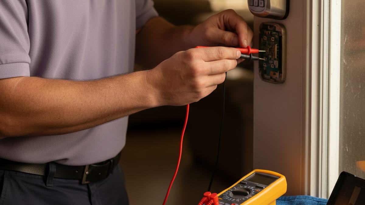Locksmith diagnosing a malfunctioning smart deadbolt with the battery cover off and a multimeter in hand