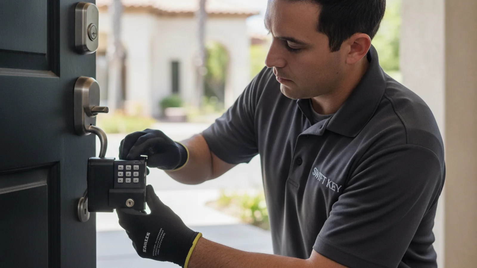Person entering a new code on a Schlage keypad deadbolt at a San Diego front door