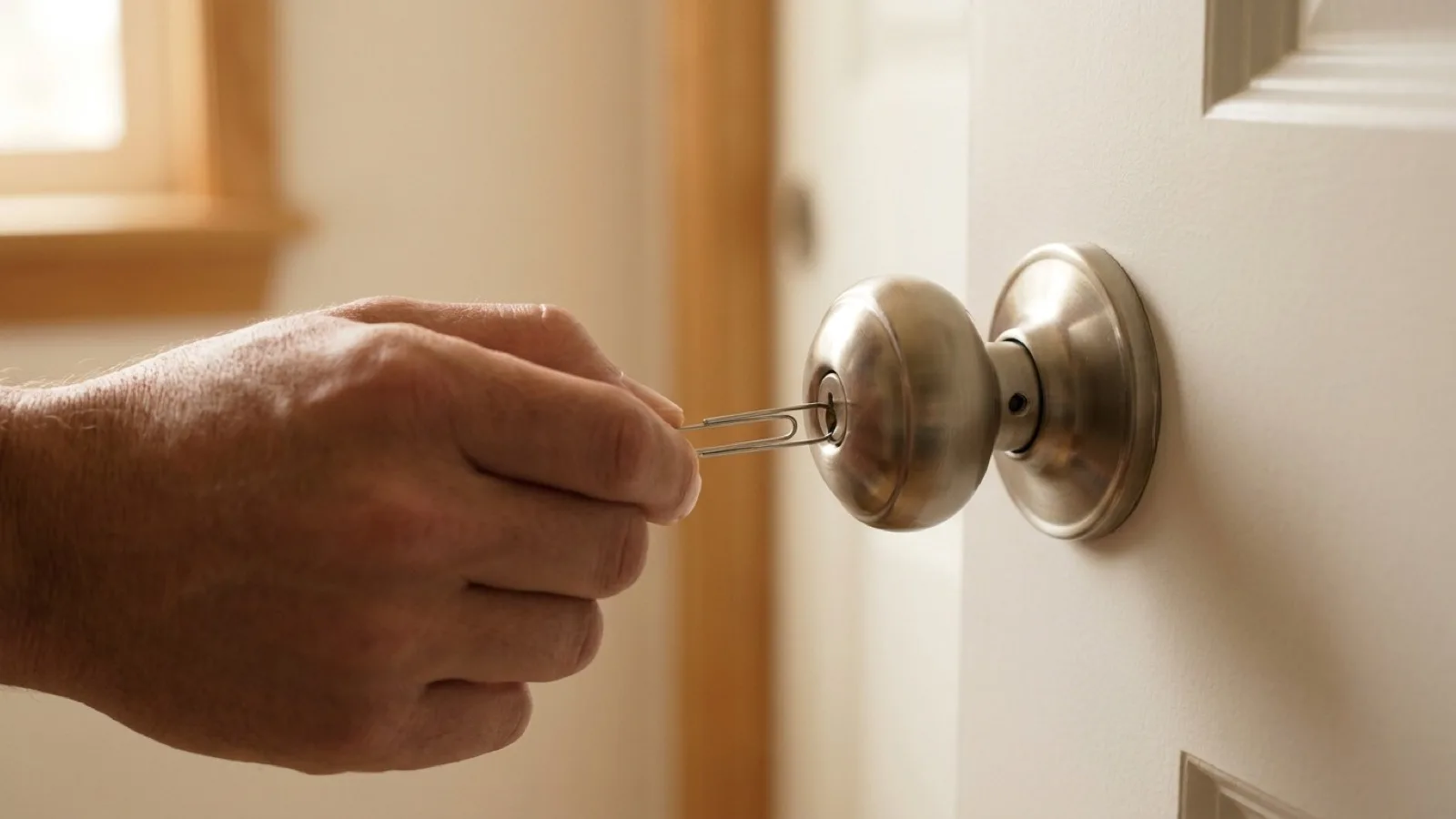A hand releasing the privacy lock on an interior bedroom door with a small tool
