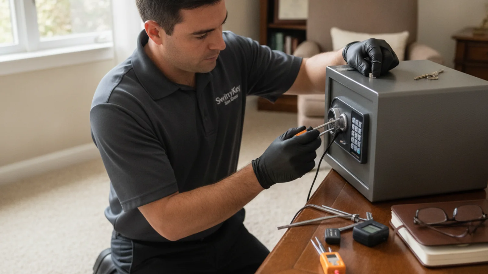 A small fireproof home safe with an electronic keypad on a warm-lit shelf, San Diego locksmith context