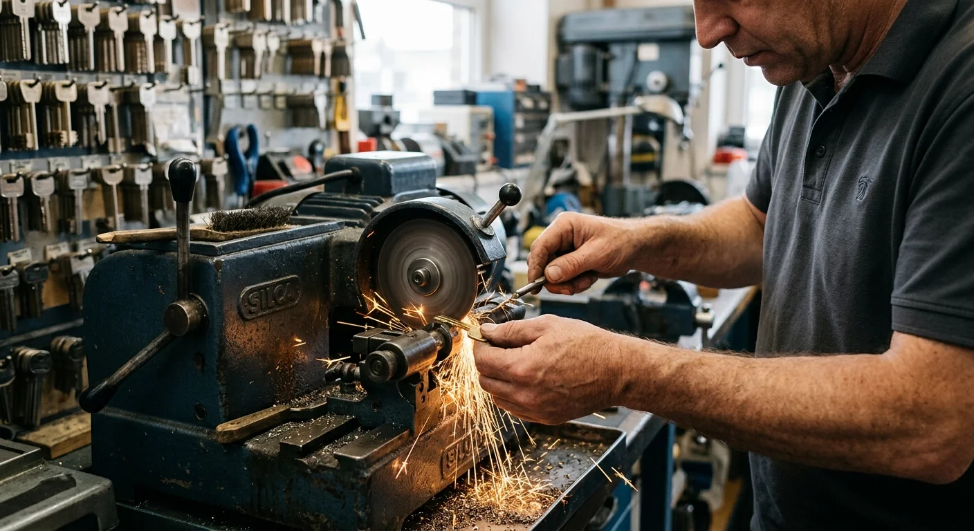 A close-up of a key being cut on a professional locksmith's duplication machine, with sparks flying.
