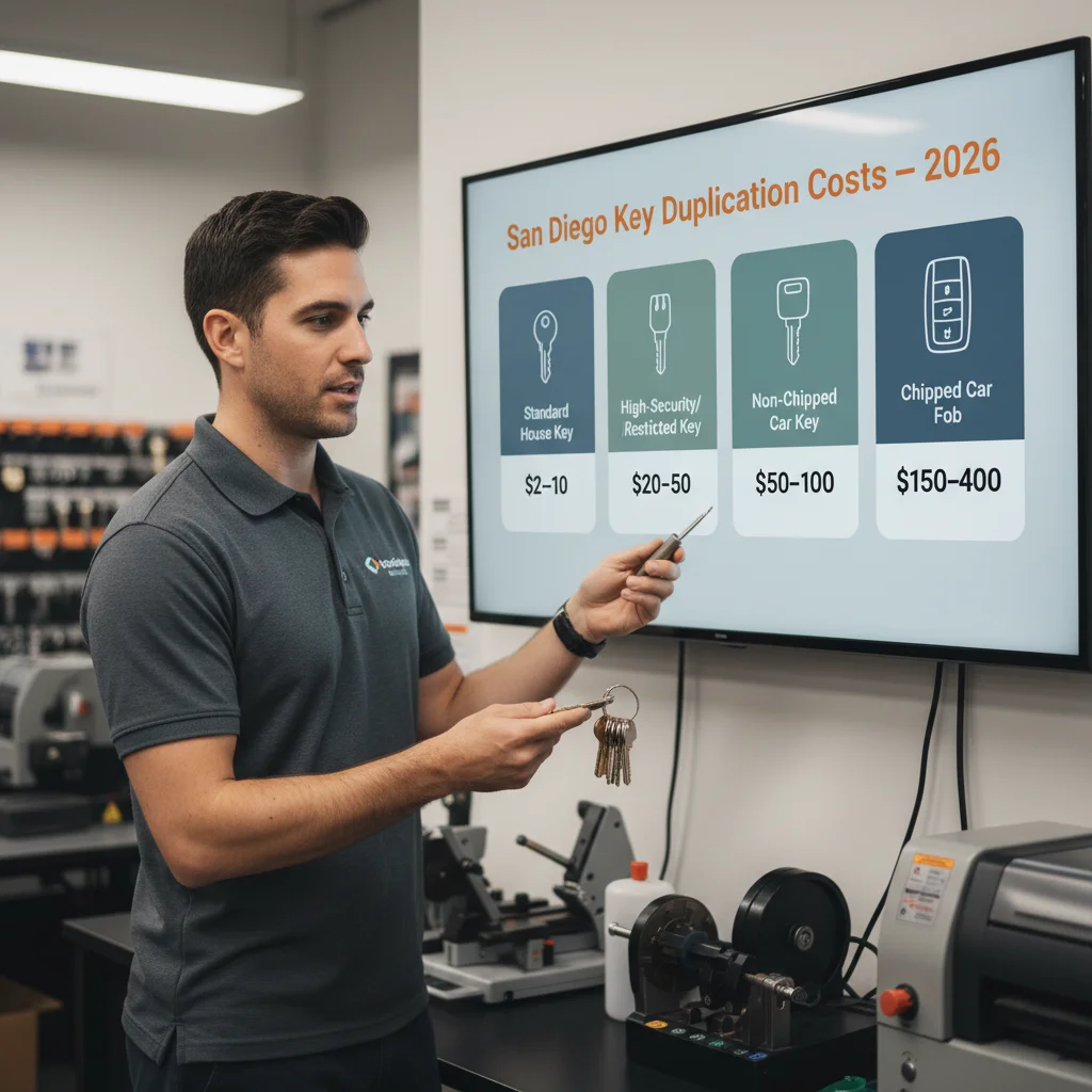 An infographic showing the average key duplication costs in San Diego for standard house keys, high-security keys, non-chipped car keys, and chipped car keys, with price ranges for each.