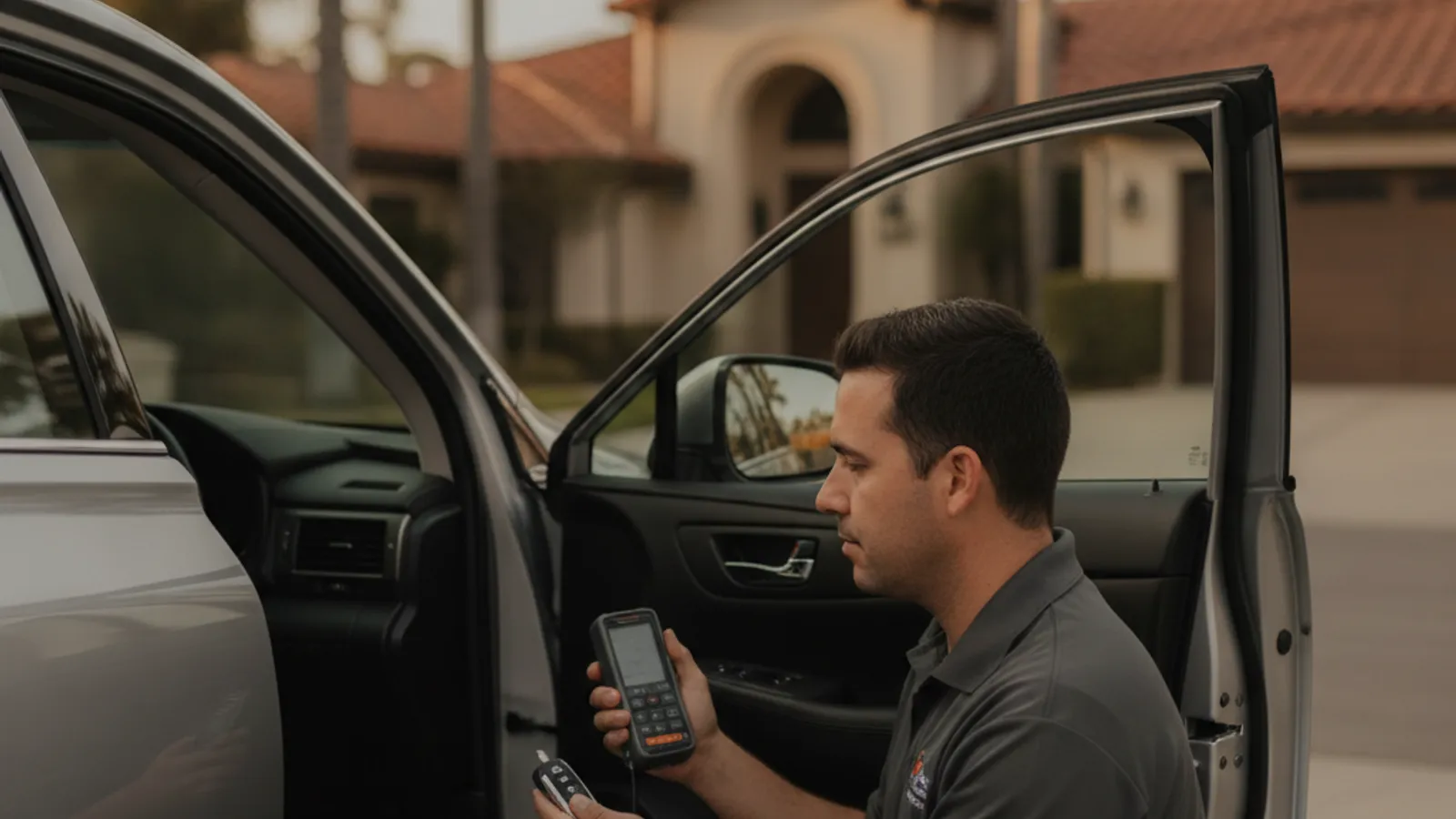 A mobile locksmith programming a replacement Lexus smart key fob with a diagnostic tool beside a Lexus RX parked in a San Diego driveway.