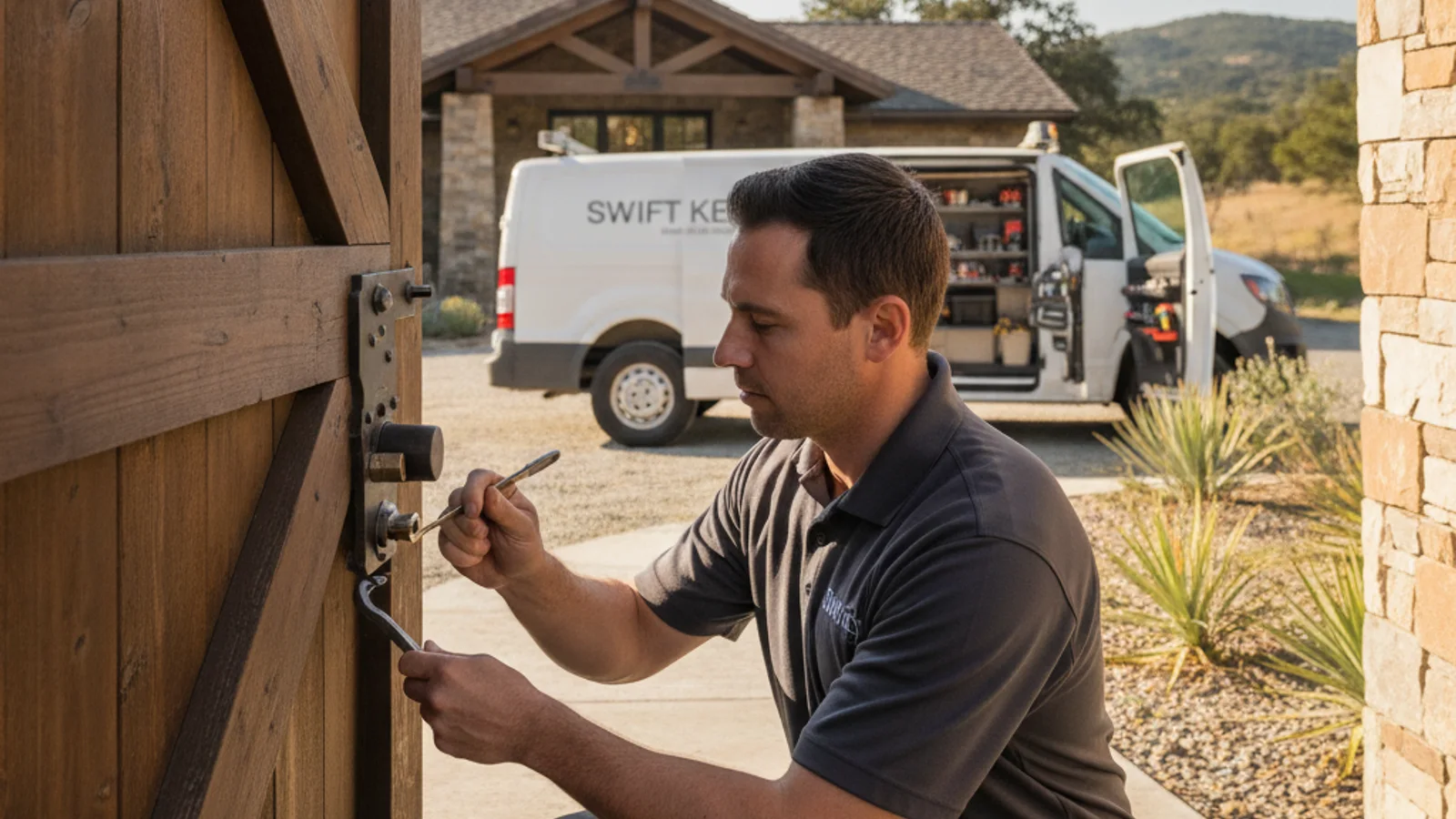 Mobile locksmith in a lavender polo rekeying a gate cylinder at a multi-acre Alpine custom home with oak-covered foothill terrain in the background