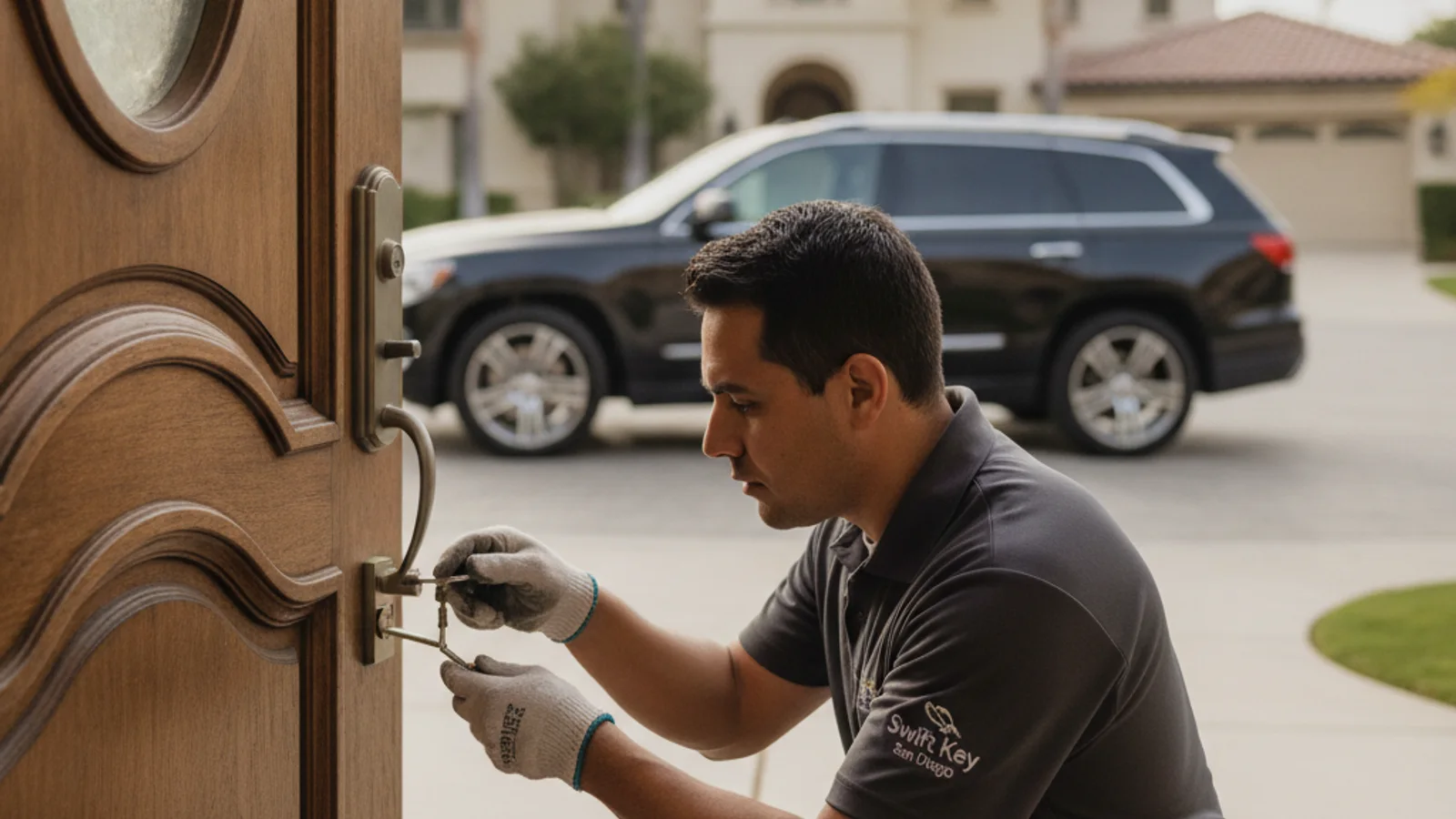 Mobile locksmith in a lavender polo rekeying a Grade 1 deadbolt on the front door of a custom Bonita home, Sweetwater Valley hills in the background
