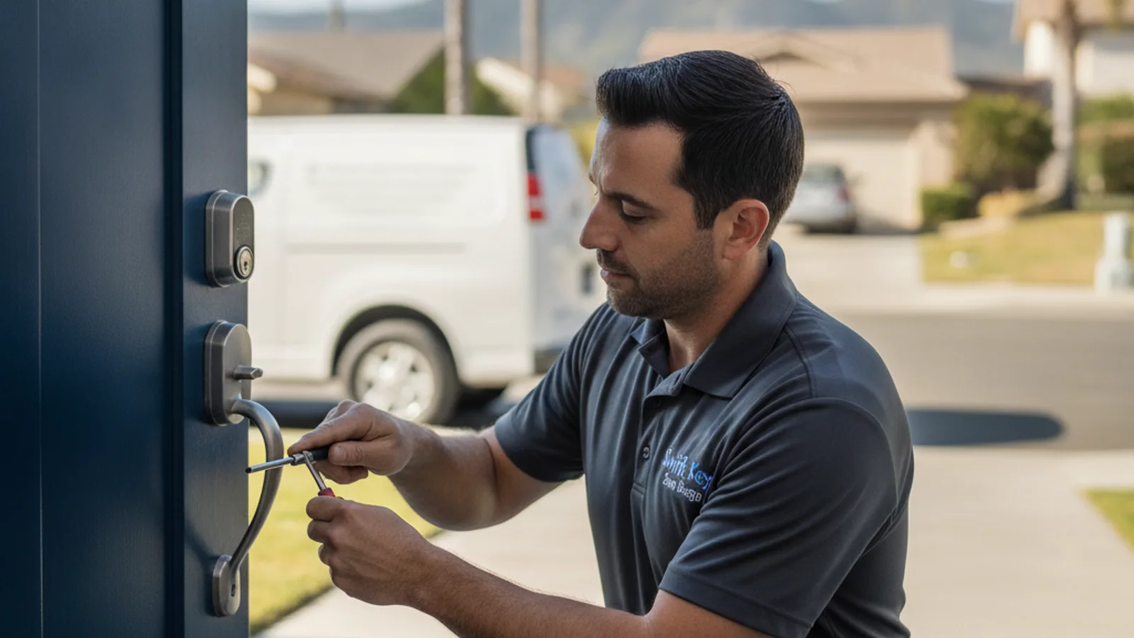 A mobile locksmith van parked outside an off-base rental home in Oceanside near Camp Pendleton, North County San Diego.