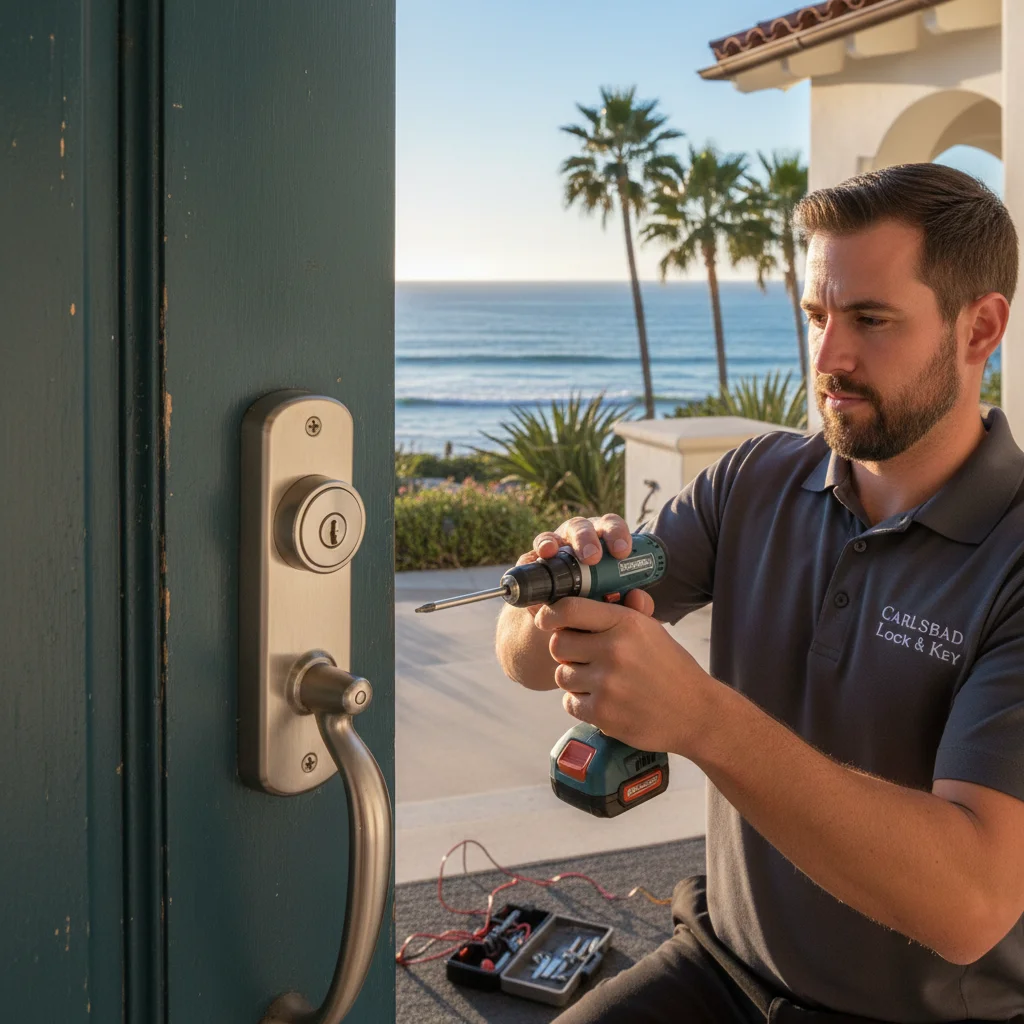 A new marine-grade deadbolt on the front door of a Carlsbad coastal home with the ocean visible.