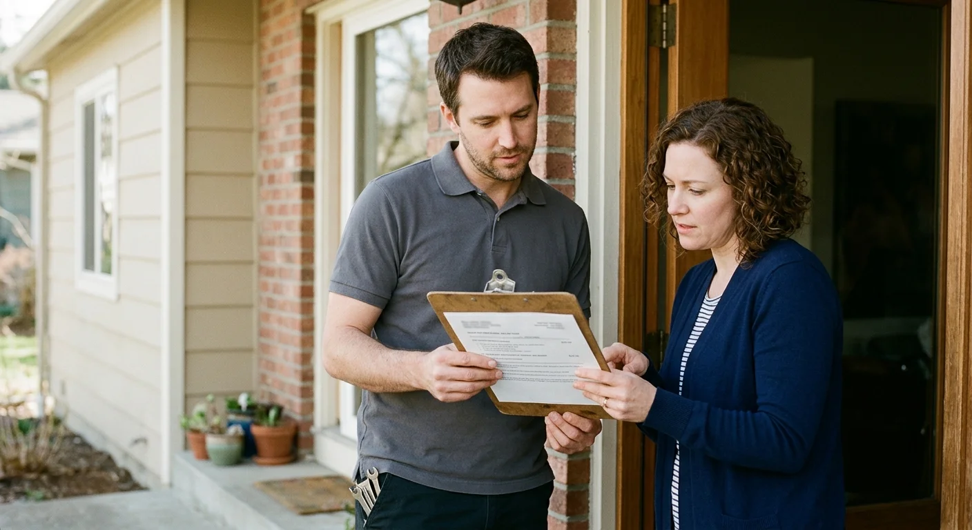 Customer and locksmith reviewing a revised written job scope at a doorway