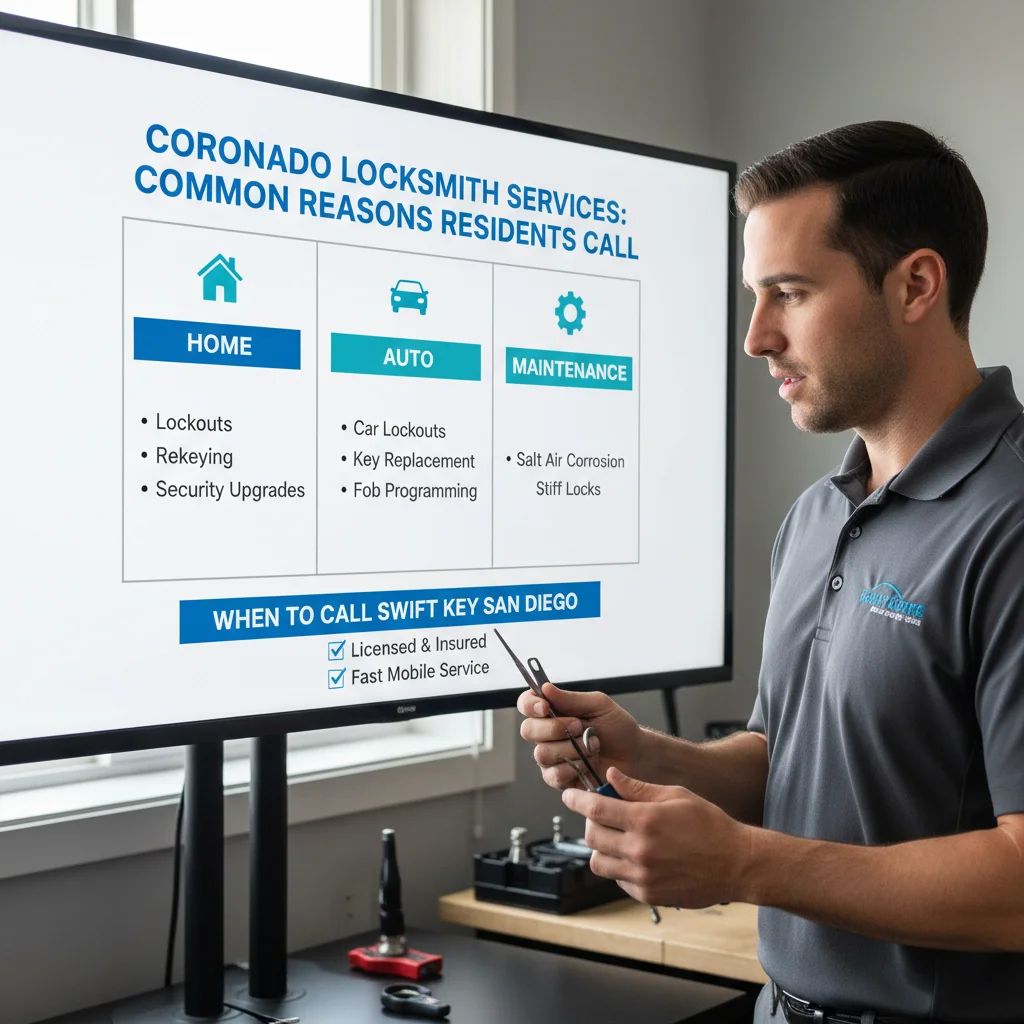 An infographic detailing common locksmith services in Coronado, including reasons for calls and key considerations when hiring.