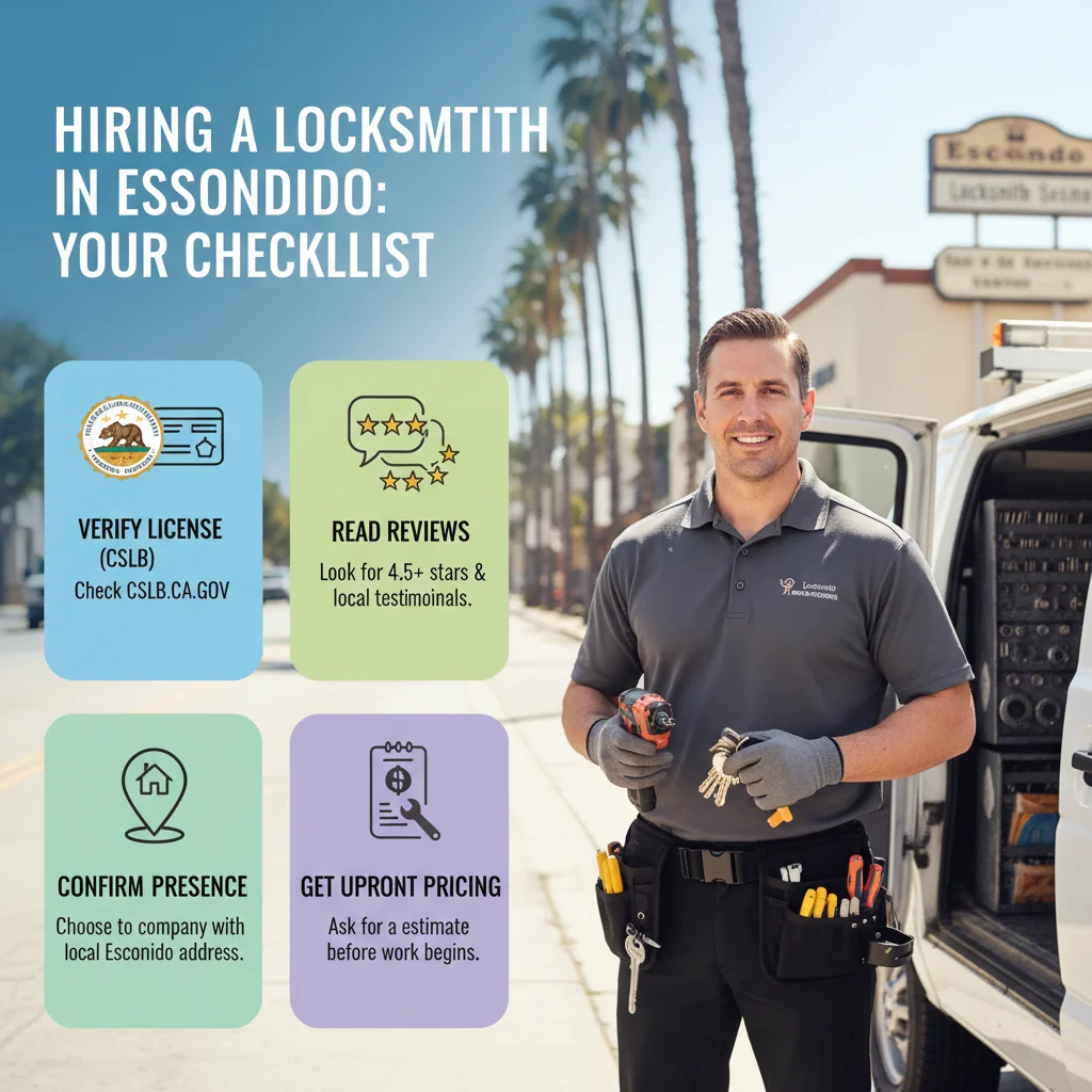 A checklist for hiring a reliable Escondido locksmith, detailing license verification, reviews, and local presence.