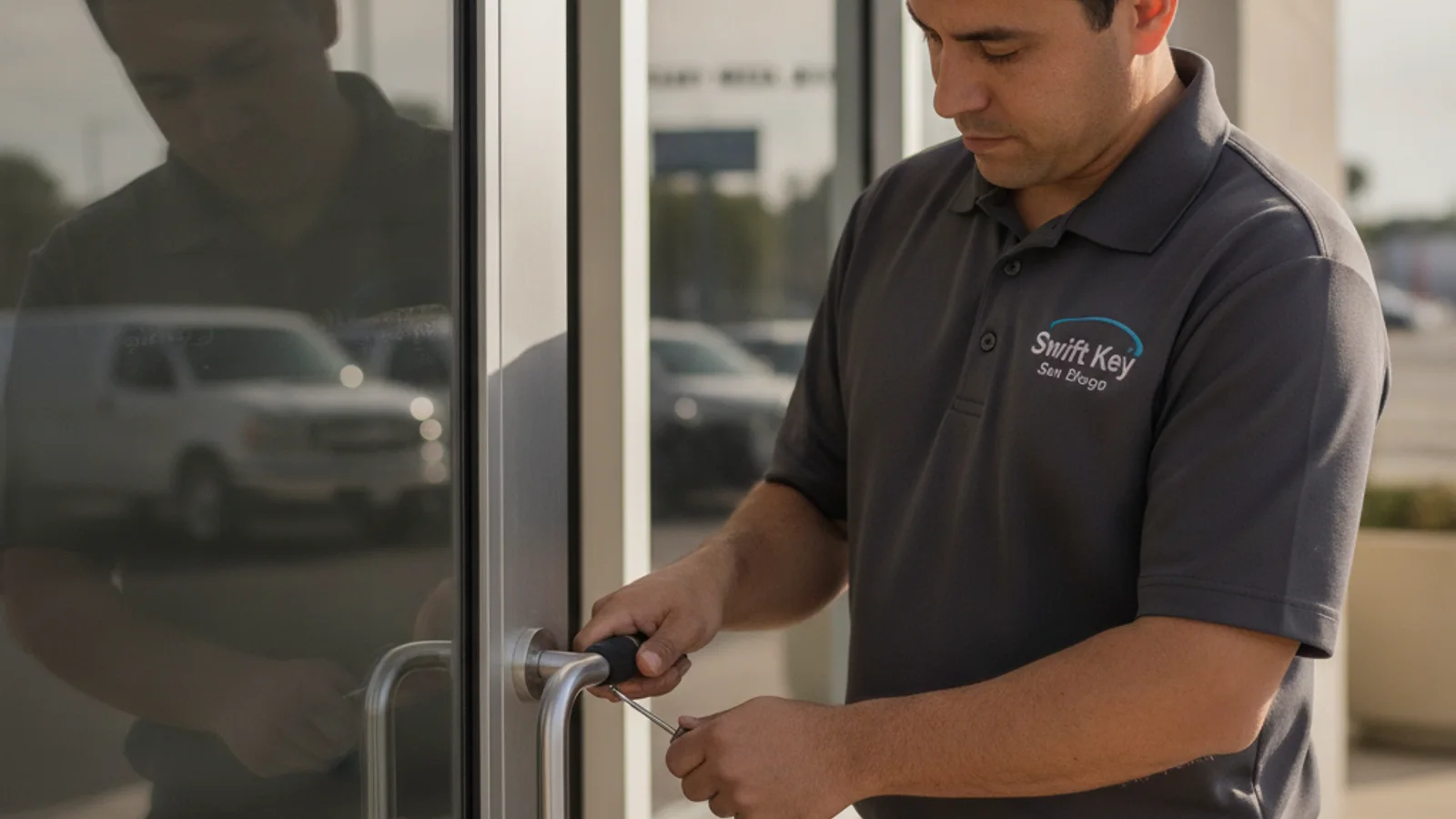 Mobile locksmith in a lavender polo rekeying a commercial door lock on a Convoy District restaurant in Kearny Mesa