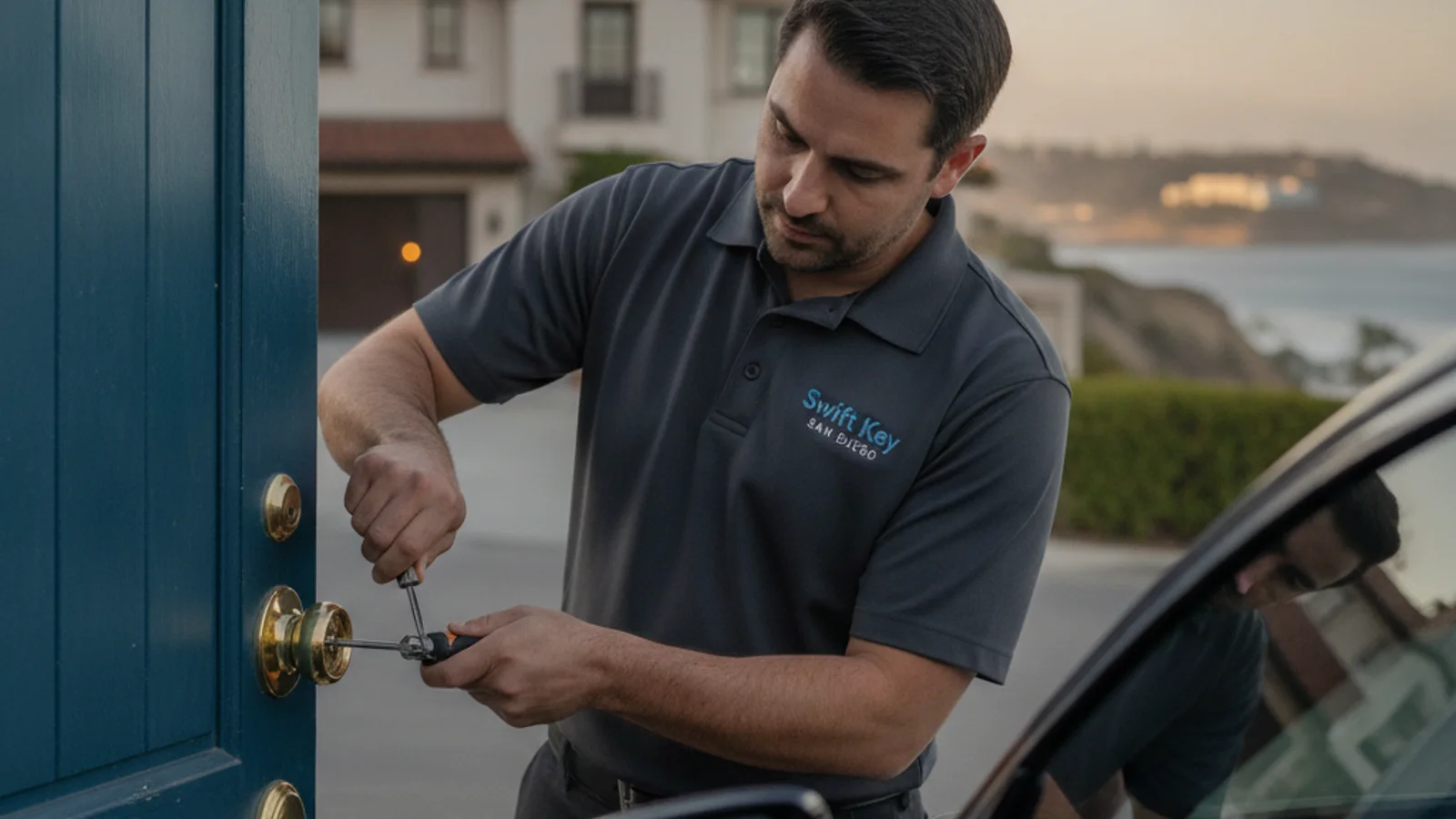 Mobile locksmith in a lavender polo replacing a deadbolt cylinder on a cliff-side La Jolla home with ocean visible in the background