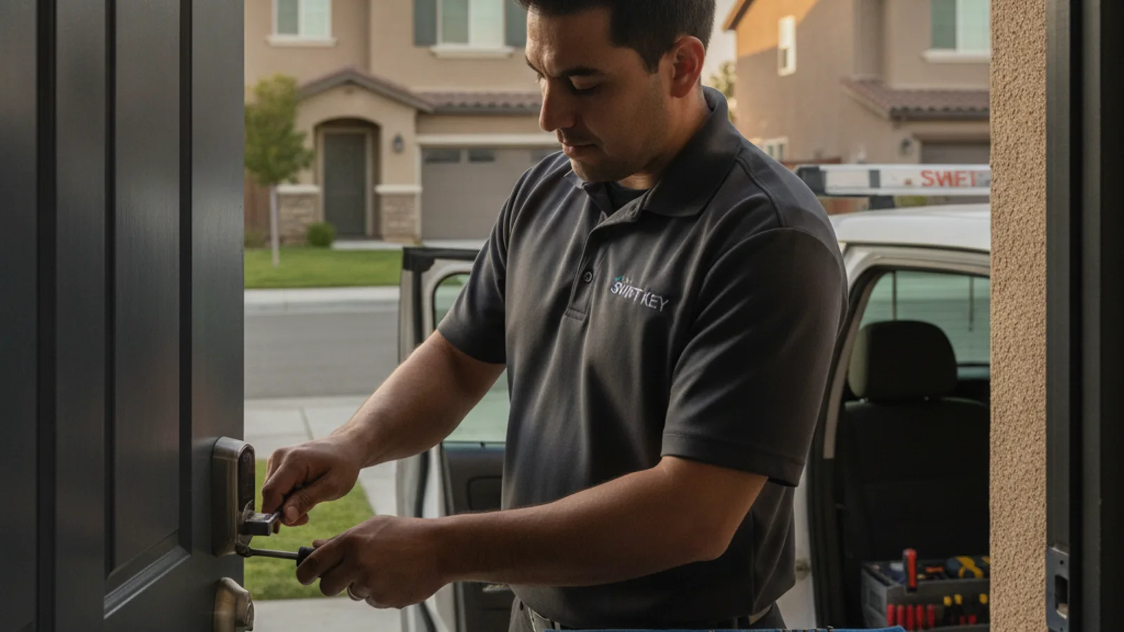 Mobile locksmith in a lavender polo rekeying a front door deadbolt on a 1980s Mira Mesa tract home, suburban street visible in background