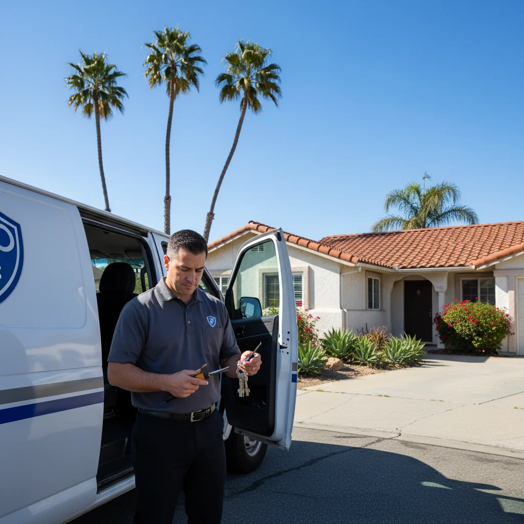 A locksmith service van parked in front of a Chula Vista residential home with palm trees and a clear blue South Bay sky