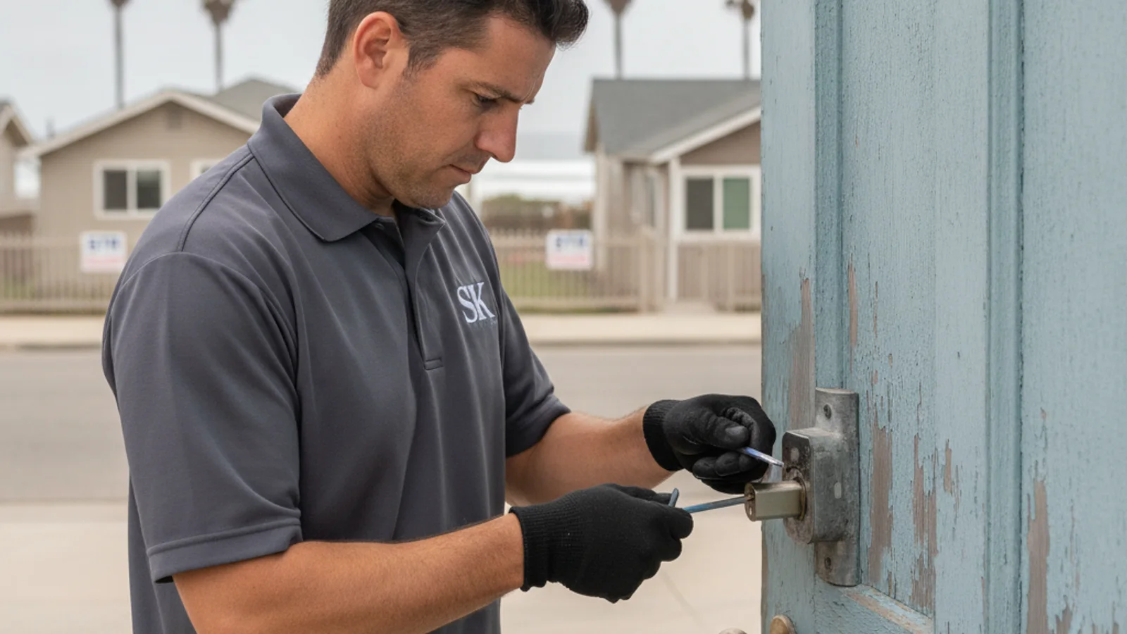 Mobile locksmith in a lavender polo rekeying a weathered coastal deadbolt on a Pacific Beach duplex, the ocean visible a block away