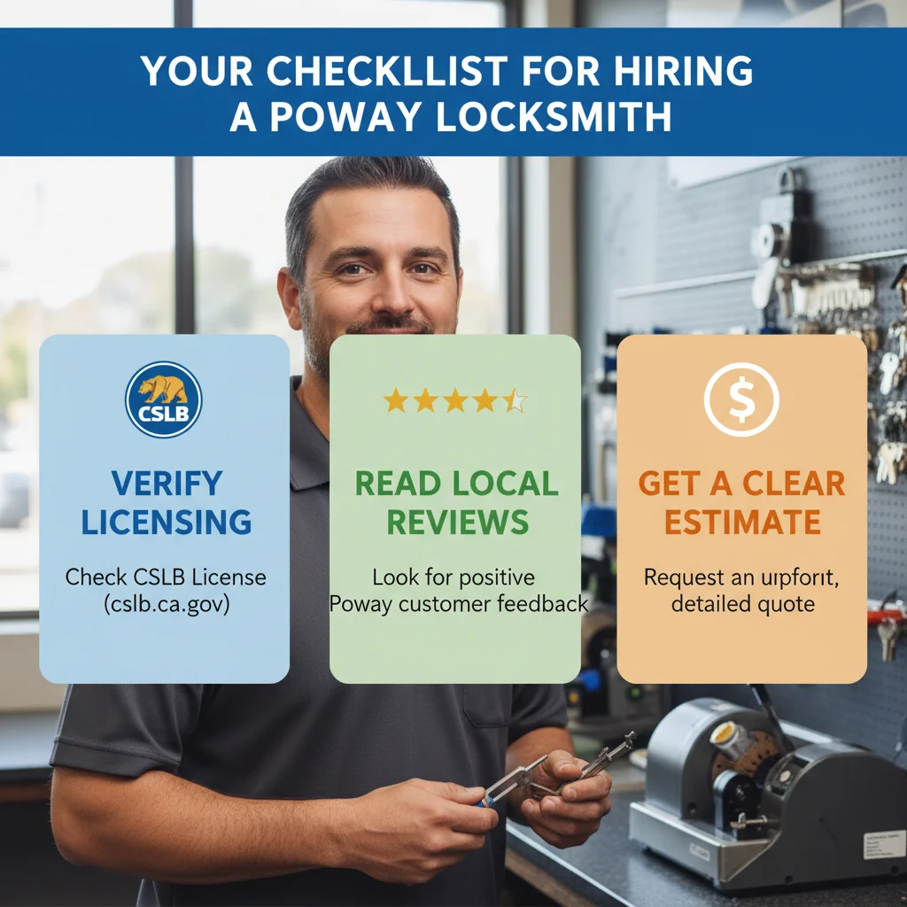 Infographic showing a checklist of qualities to look for in a local Poway locksmith, including BSIS licensing, customer reviews, and mobile service.