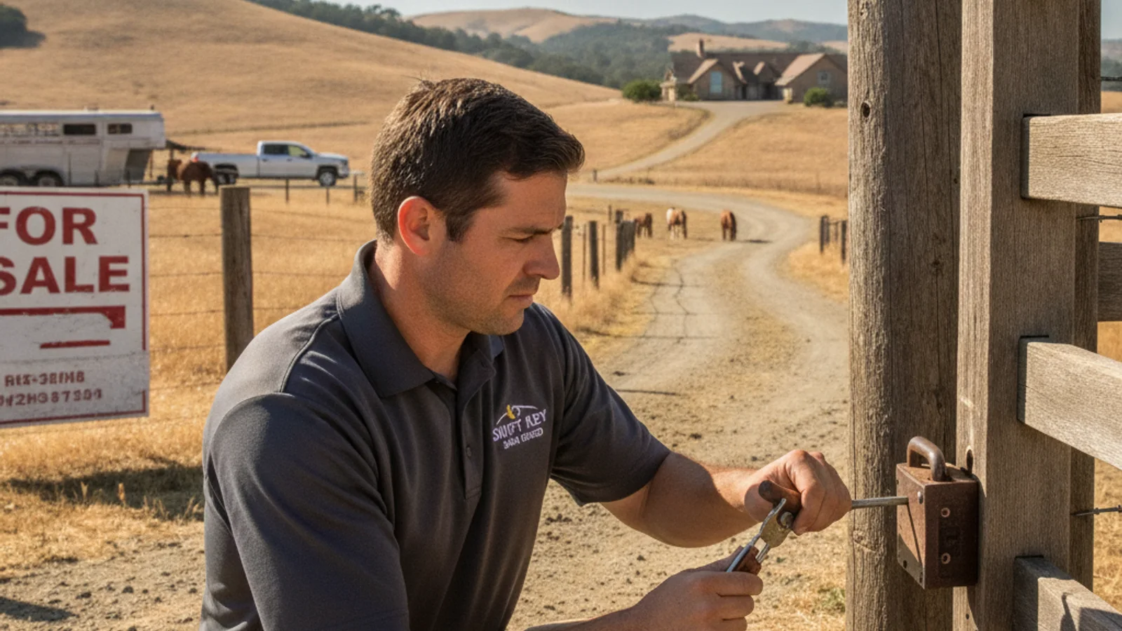 Mobile locksmith in a lavender polo working on a gate cylinder at a Ramona equestrian property, oak-covered hills in the background