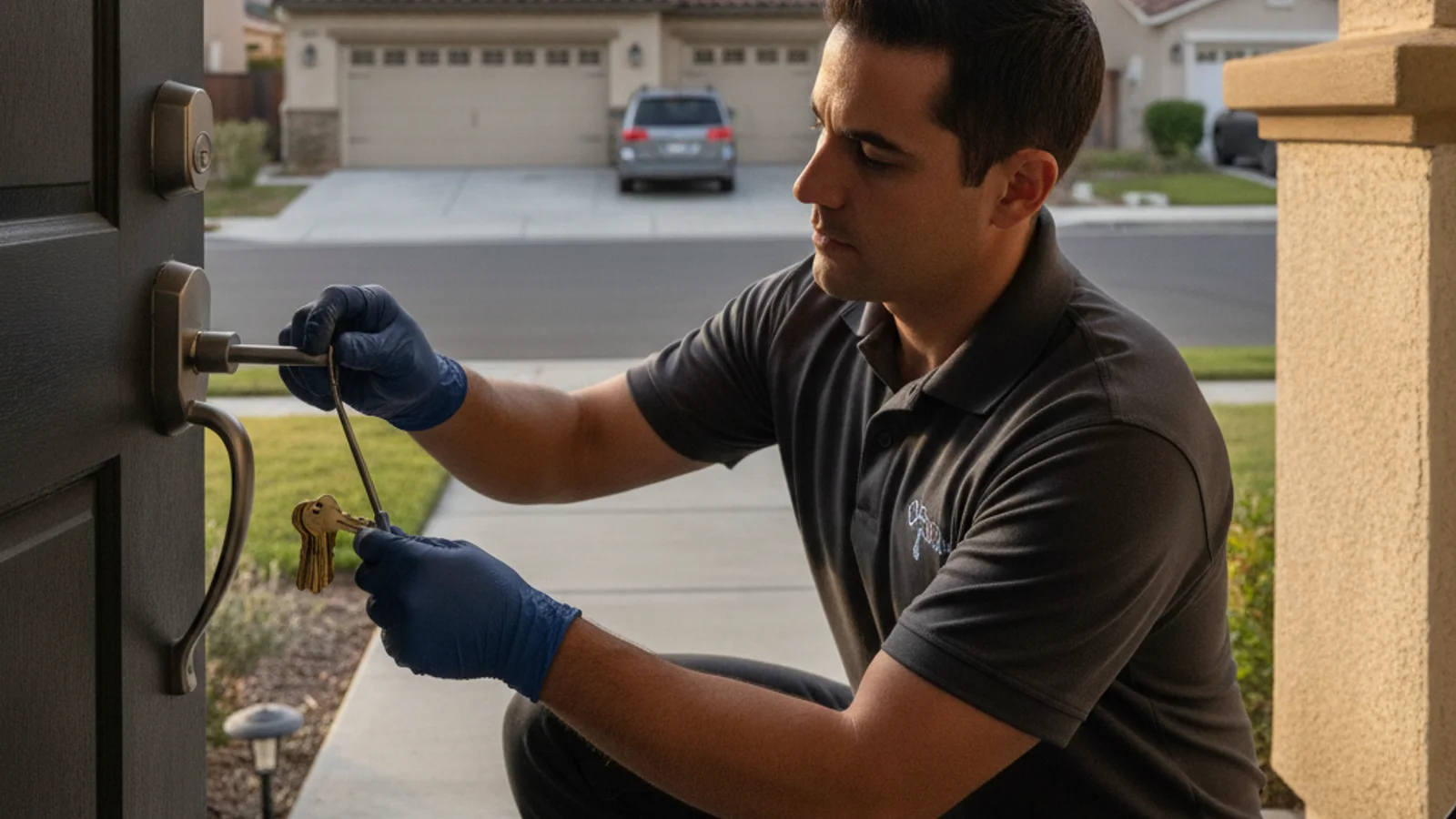 Mobile locksmith in a lavender polo rekeying a deadbolt on the front door of a 1990s stucco tract home in Rancho Peñasquitos, I-15 visible in the distance