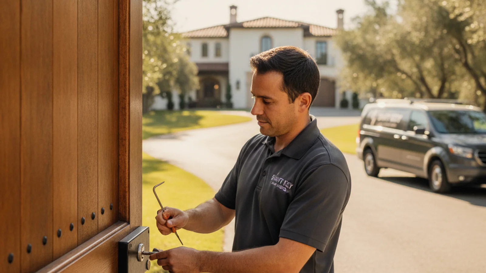 Locksmith installing a Medeco restricted-keyway cylinder on a heavy wood estate door in Rancho Santa Fe, lush landscaping visible behind a gated entry