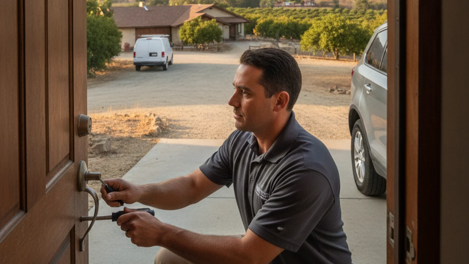 Mobile locksmith in a lavender polo working on a cylinder at a Valley Center ranch gate, avocado groves and hills in the background