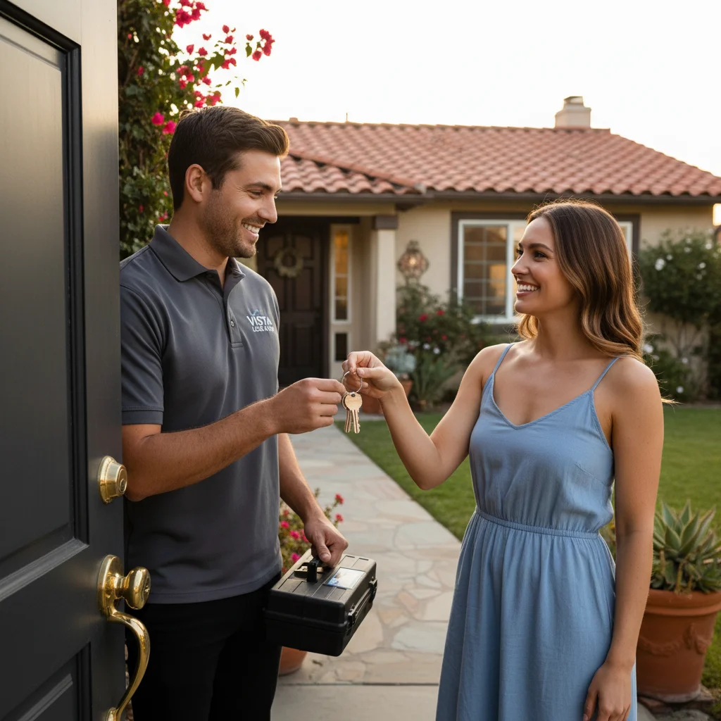 A friendly locksmith hands a new set of keys to a smiling homeowner at their Vista front door.